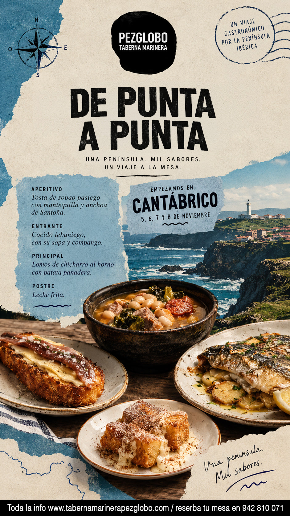 Cartel De punta a punta, parada Cantábrico, en la Taberna Marinera Pez Globo de Suances